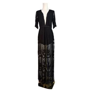 Honey Love Black Sheer Lace Maxi Romper Dress Sz M Goth Whimsigoth Festival EUC